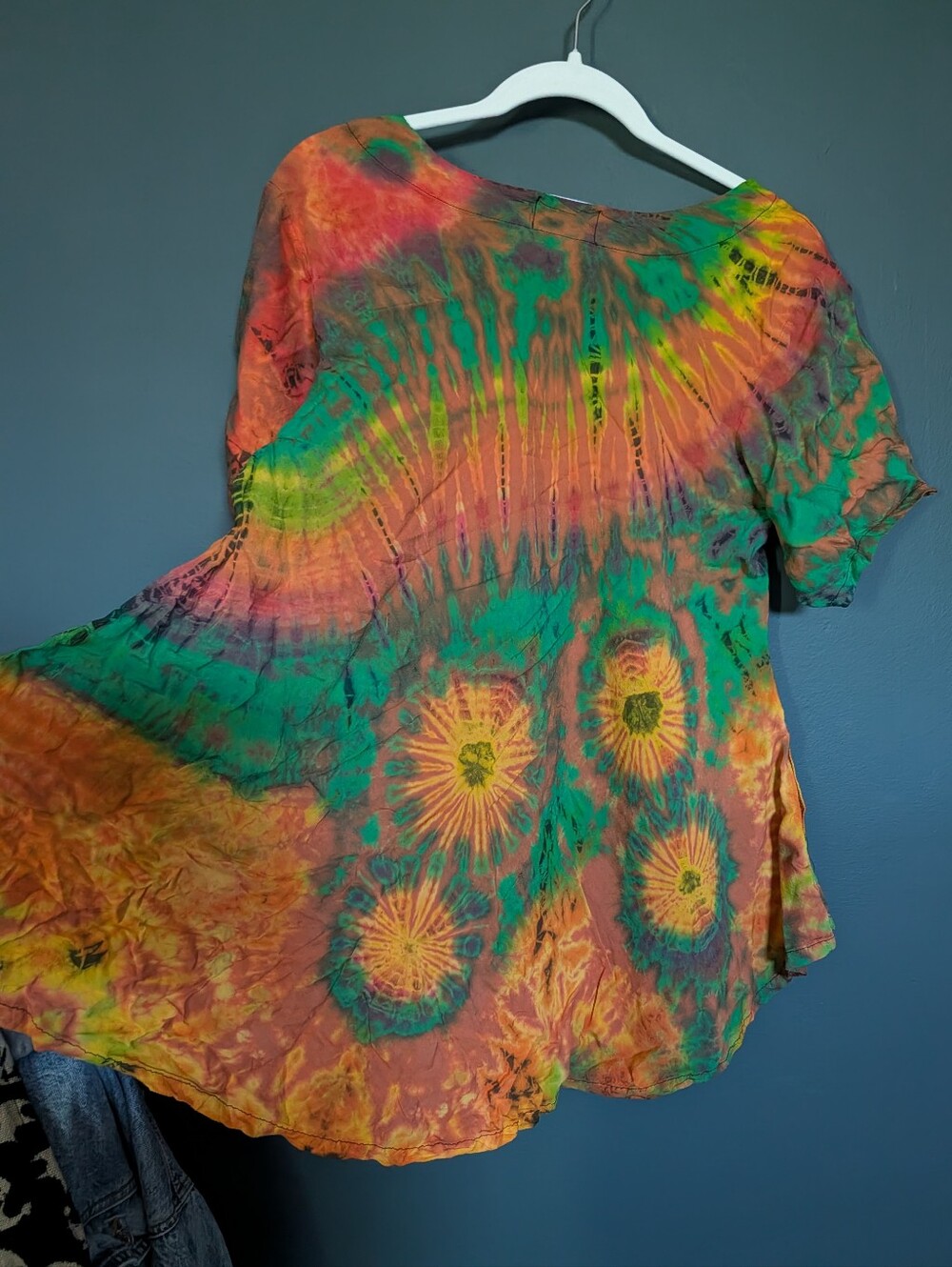 Zumi Green & Orange Tie-Dye Rayon Short Sleeve Tee With Pockets - Picture 7 of 7